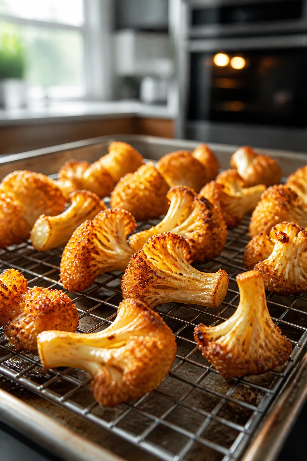 Crispy cauliflower florets on a wire rack over a sheet pan in a kitchen