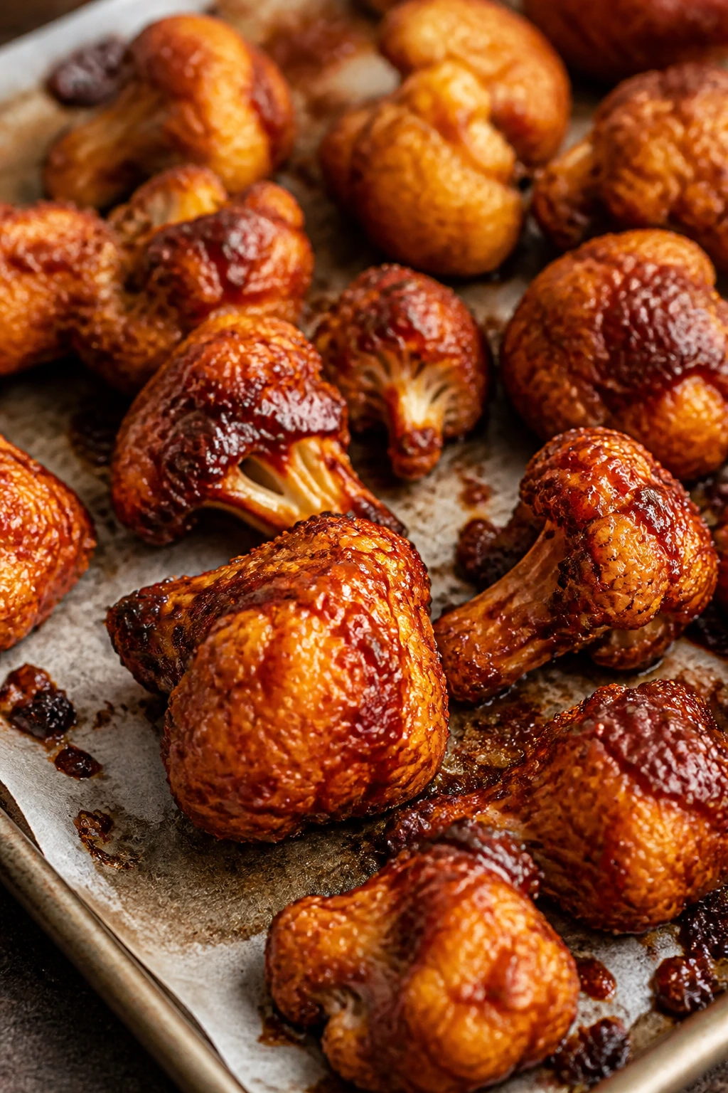 Close-up of beer-glazed cauliflower wings on parchment