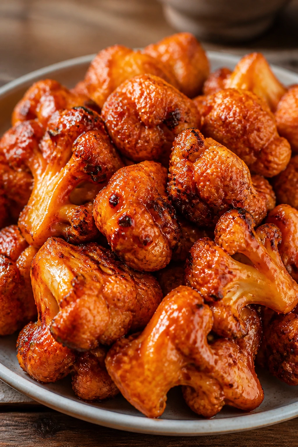 Close-up of Buffalo BBQ cauliflower wings with orange glaze on a plate in a kitchen