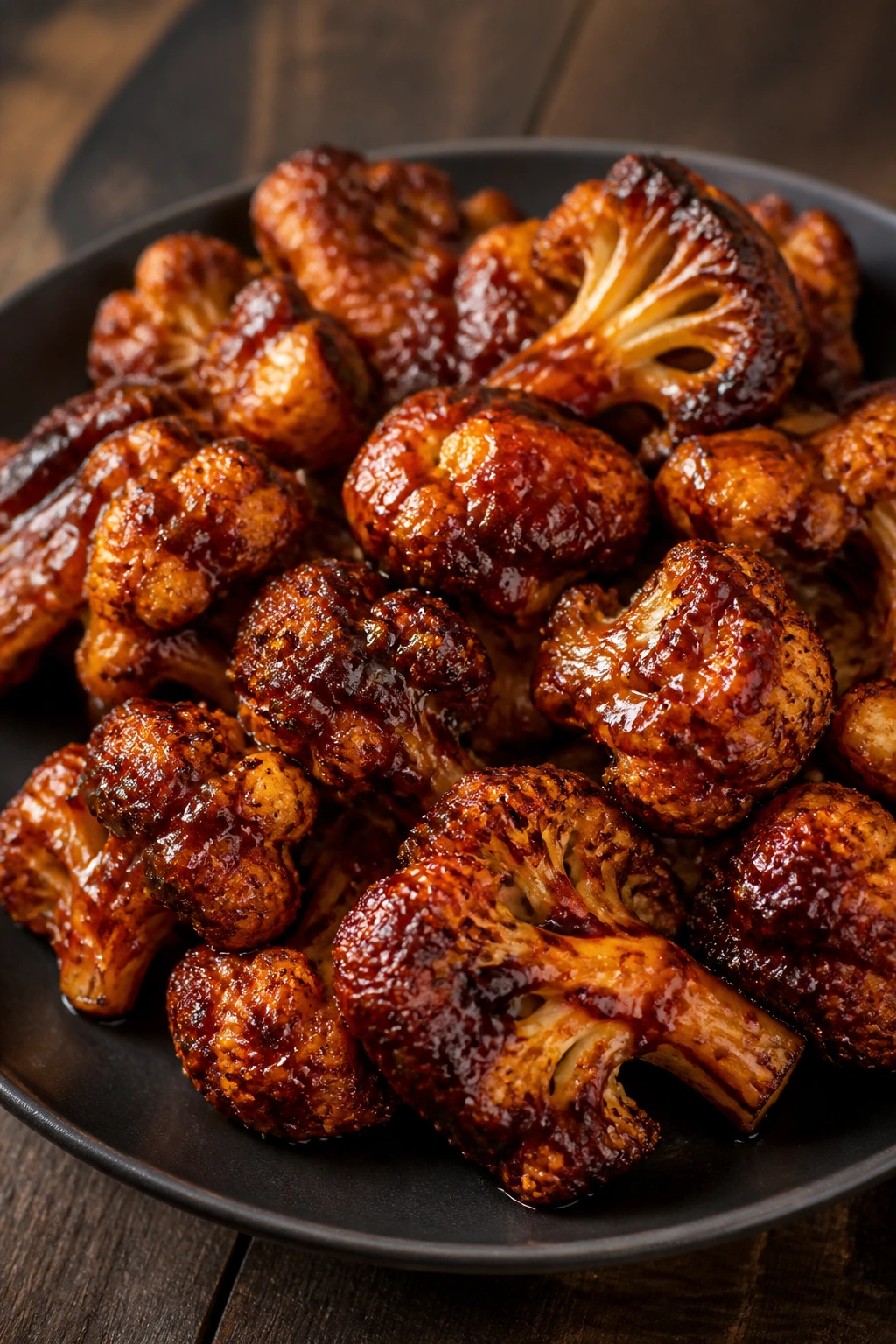 Close-up of Espresso Molasses BBQ cauliflower wings with deep lacquered glaze on a dark plate