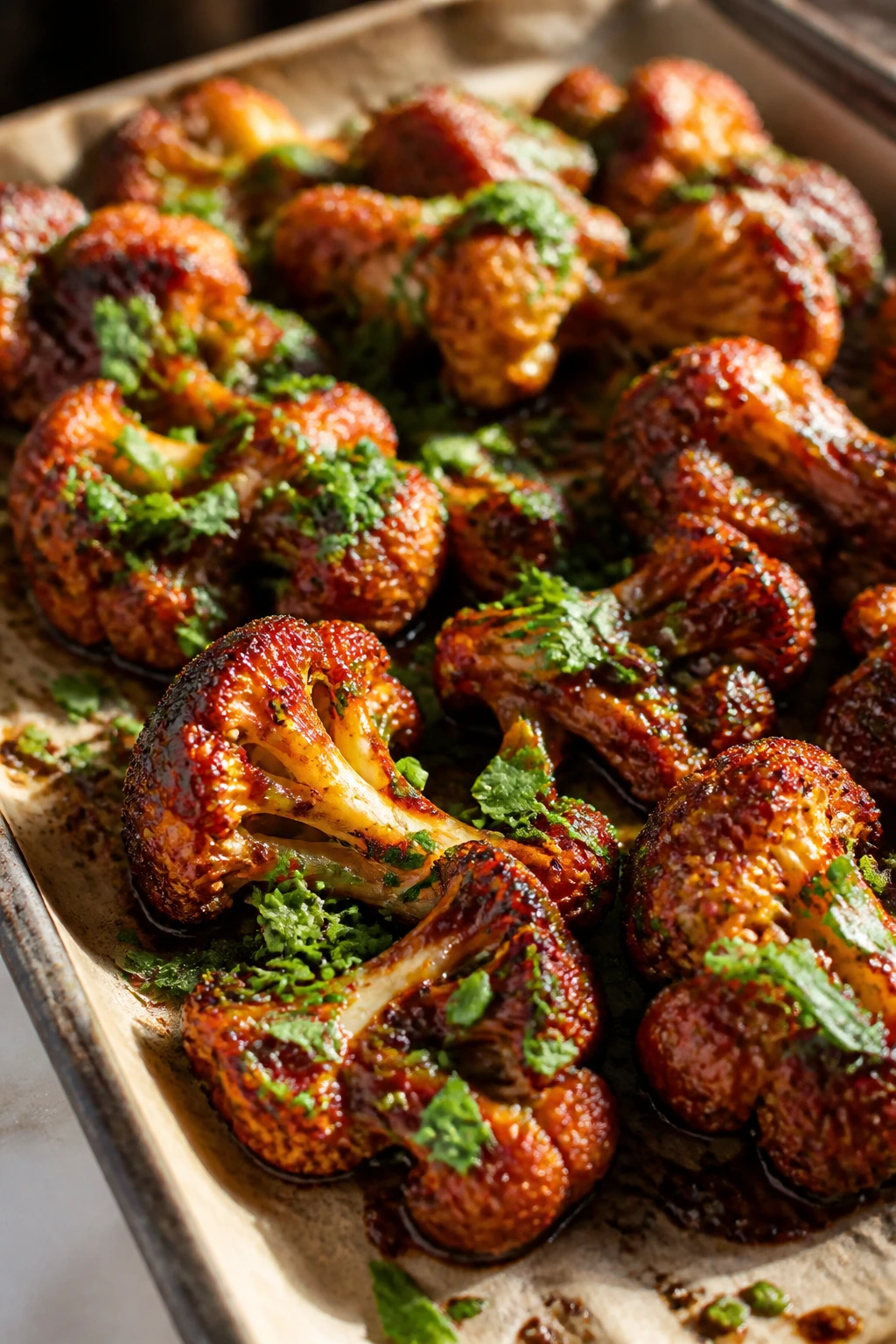 Close-up of Garlic Herb BBQ cauliflower wings with herbs on parchment in a sunlit kitchen