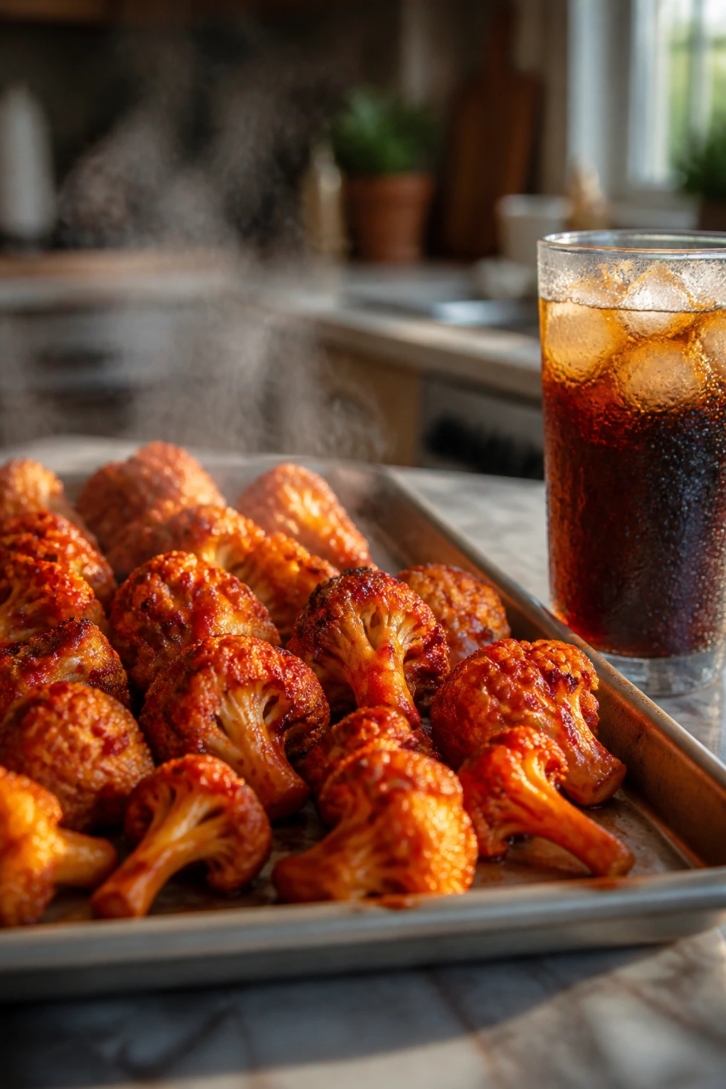 Steaming tray of cauliflower wings with a cold glass beside it on a kitchen counter