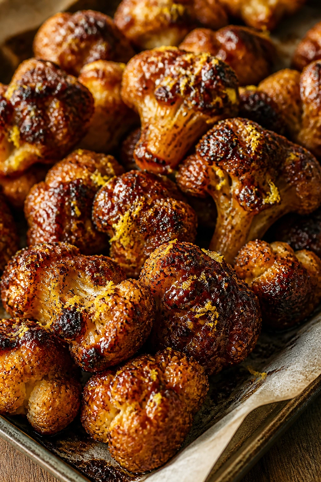 Close-up of Lemon Pepper BBQ cauliflower wings with lemon zest and pepper on parchment in a warm kitchen
