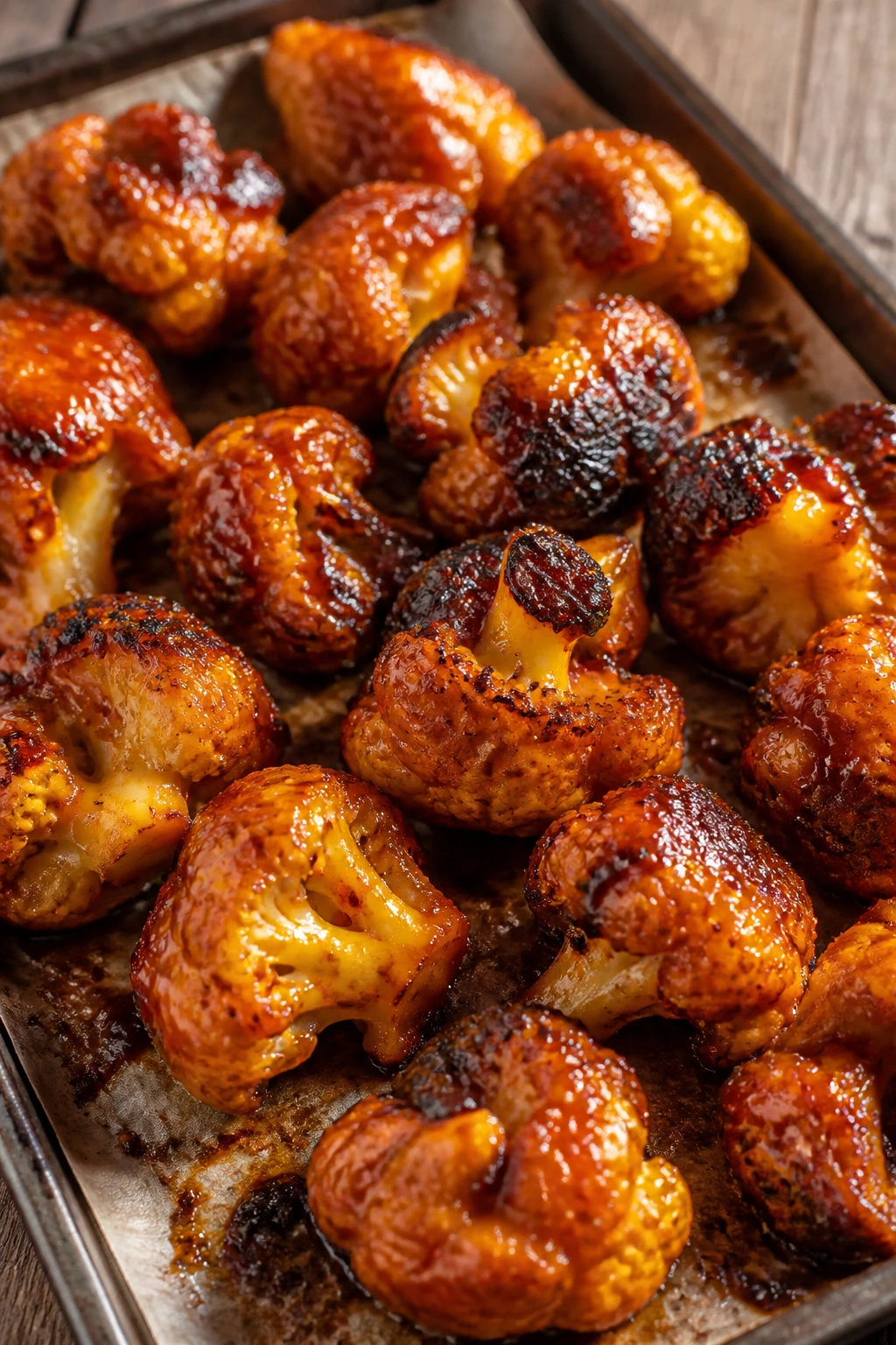Close-up of mango chili BBQ cauliflower wings on parchment in a rustic kitchen
