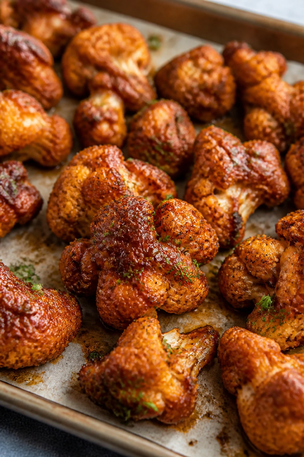Close-up of smoked paprika ranch cauliflower wings with herbs