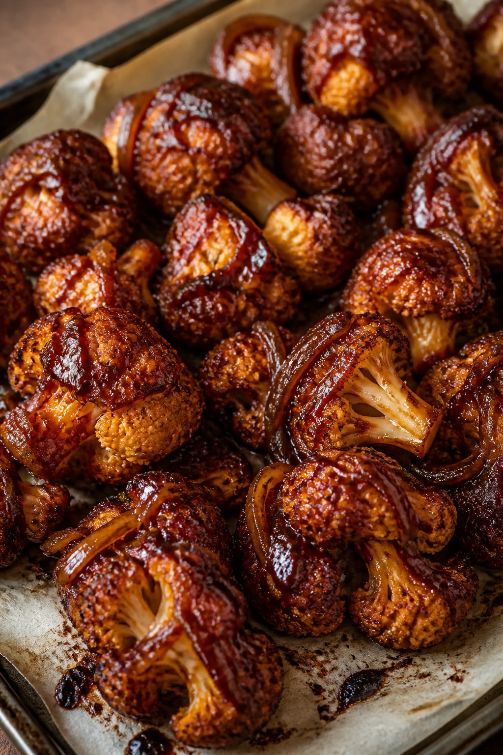 Close-up of sweet onion BBQ cauliflower wings