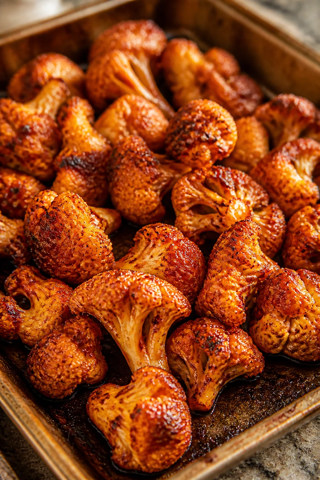 Close-up of tandoori BBQ cauliflower wings with red-gold crust