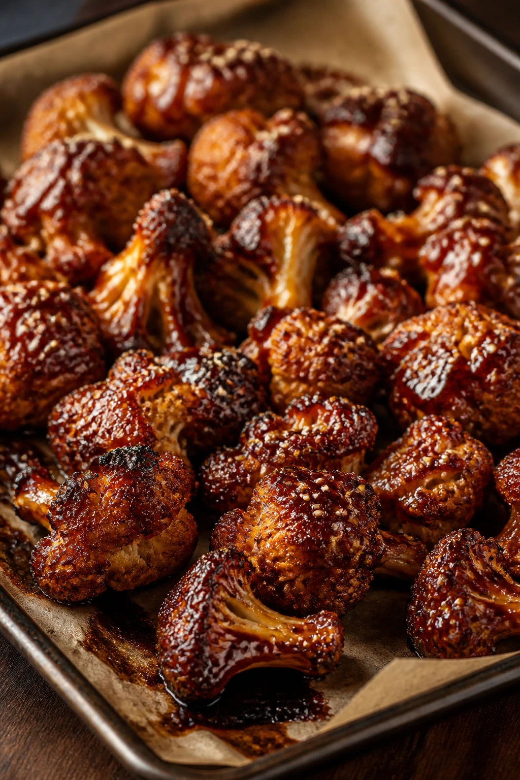 Close-up of Teriyaki Sesame BBQ cauliflower wings with sesame seeds on parchment sheet pan in a cozy kitchen