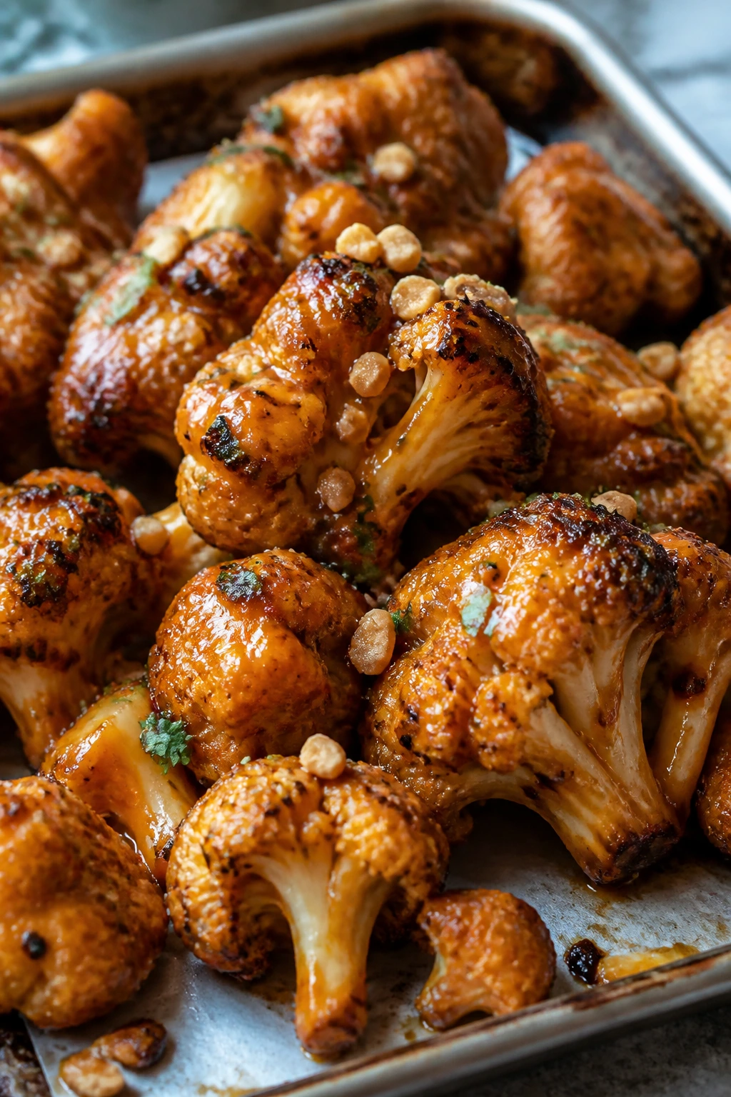 Close-up of Thai peanut BBQ cauliflower wings on a sheet pan
