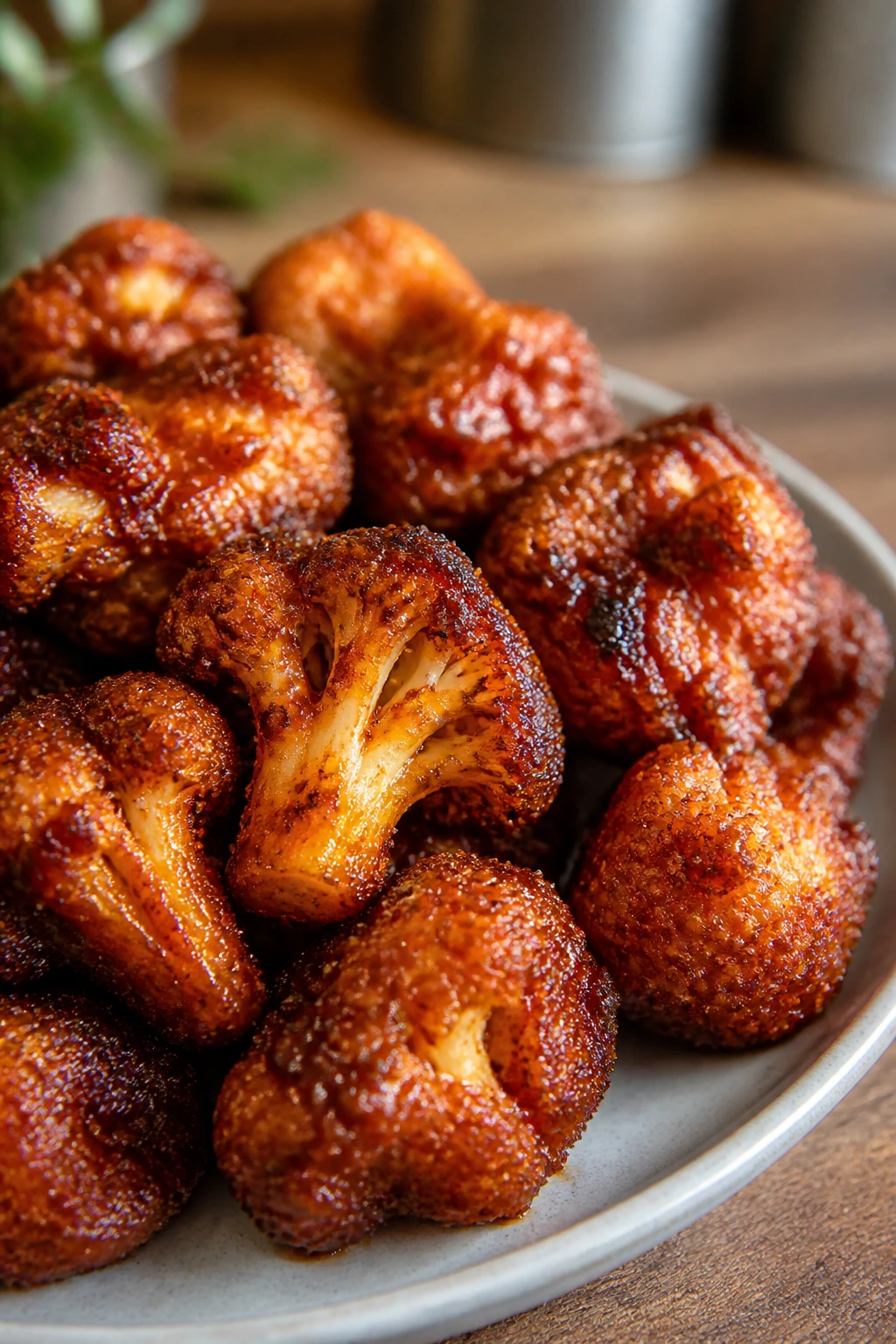 Crispy cauliflower wings with BBQ glaze on plate