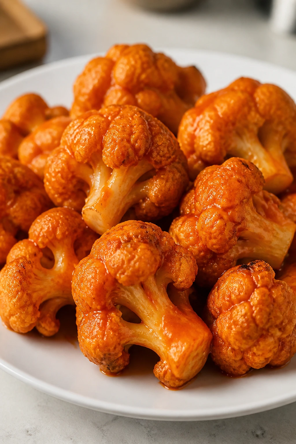 Close-up of buffalo sauce-coated cauliflower wings on a plate