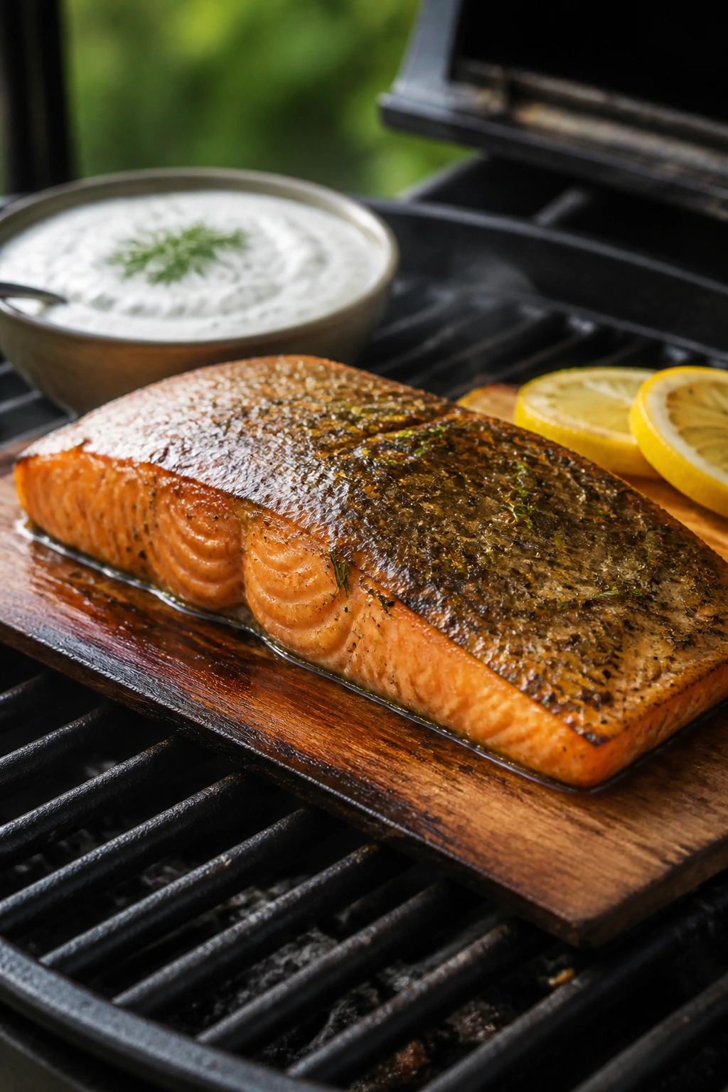 Salmon on cedar plank over indirect heat with dill yogurt