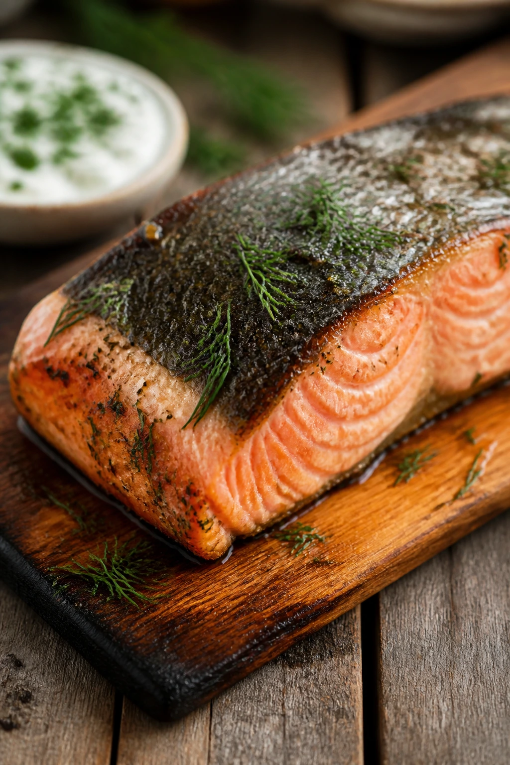 Salmon on cedar plank with dill yogurt hint on rustic backdrop