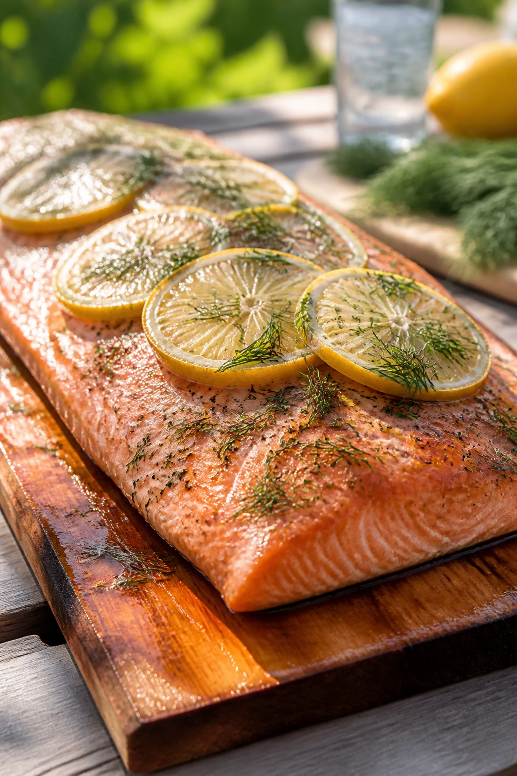 Cedar plank salmon with dill on a picnic table outdoors