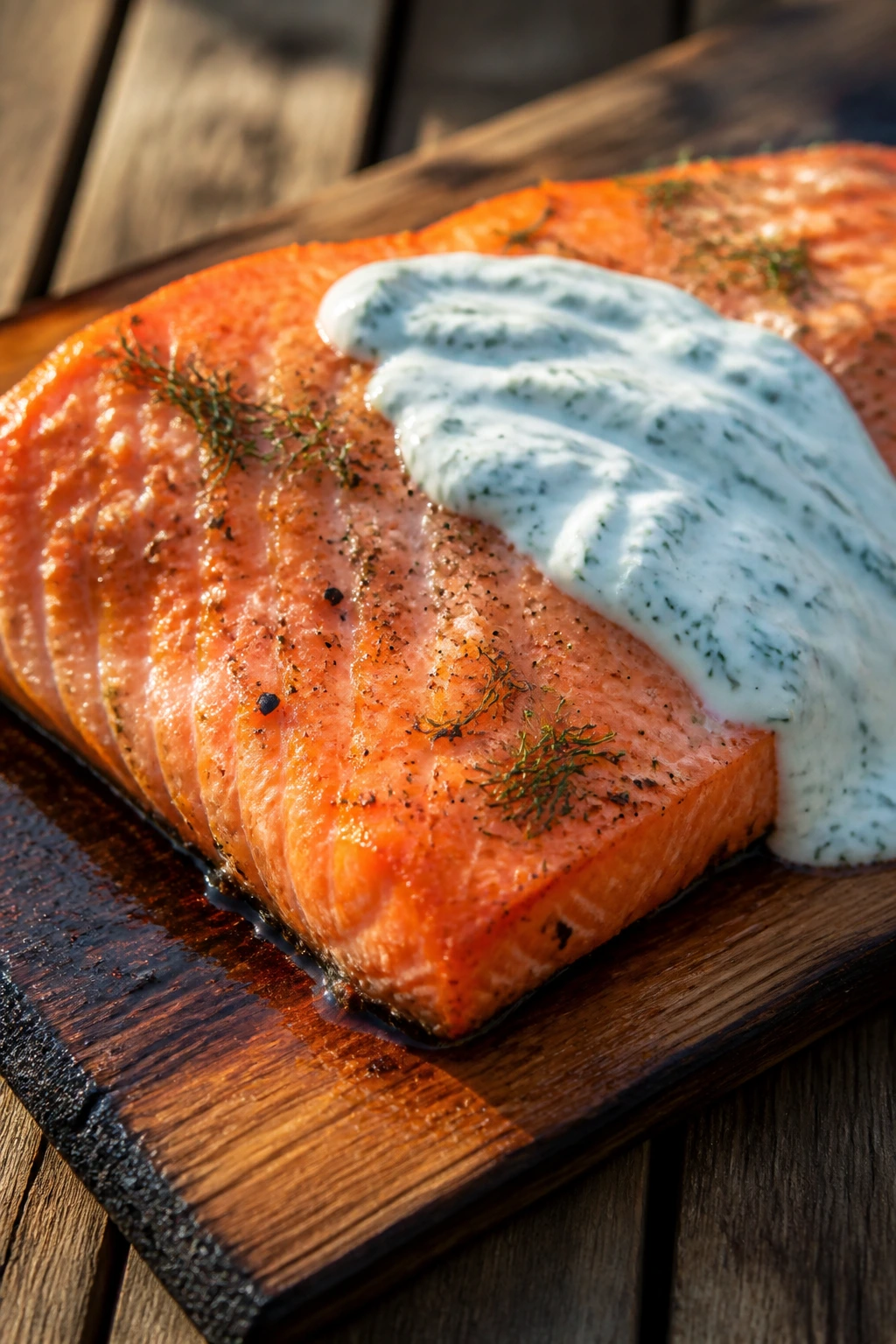 Salmon on cedar plank with dill yogurt outdoors