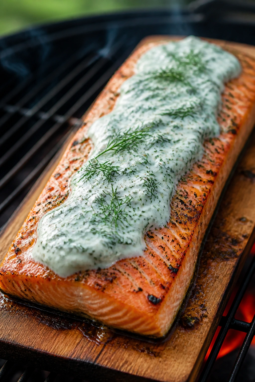Salmon on cedar plank with dill yogurt topping outdoors