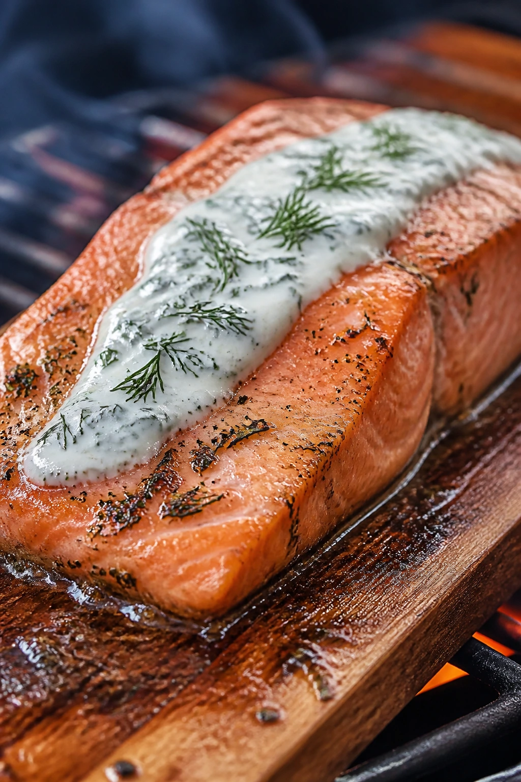 Salmon on cedar plank with dill yogurt sauce