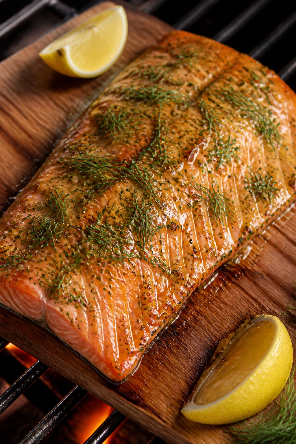Close-up cedar-plank salmon with dill mustard glaze outdoors