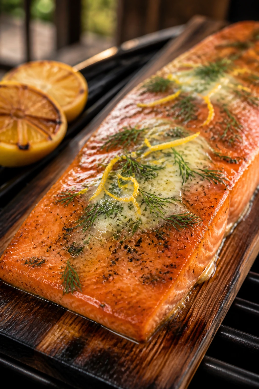 Salmon on cedar plank with lemon-dill butter melting on top