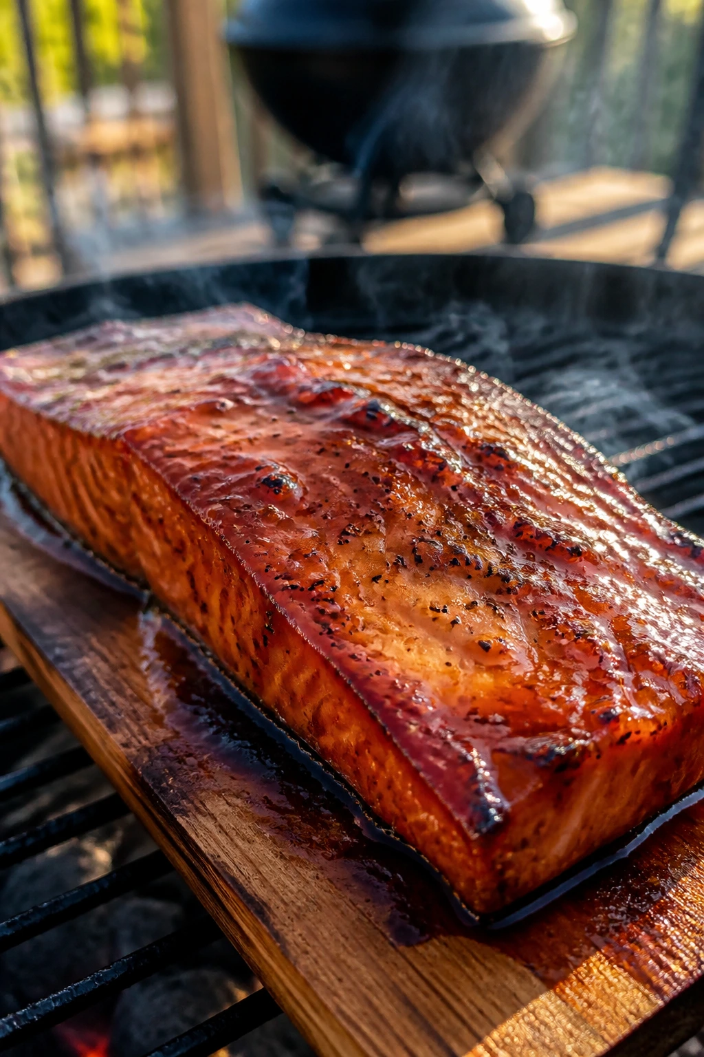 Close-up of cedar-plank salmon with maple glaze on a cedar plank outdoors