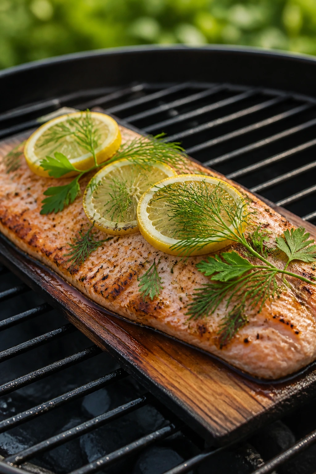 Cedar plank trout with lemon and herbs on cedar plank grilled outdoors