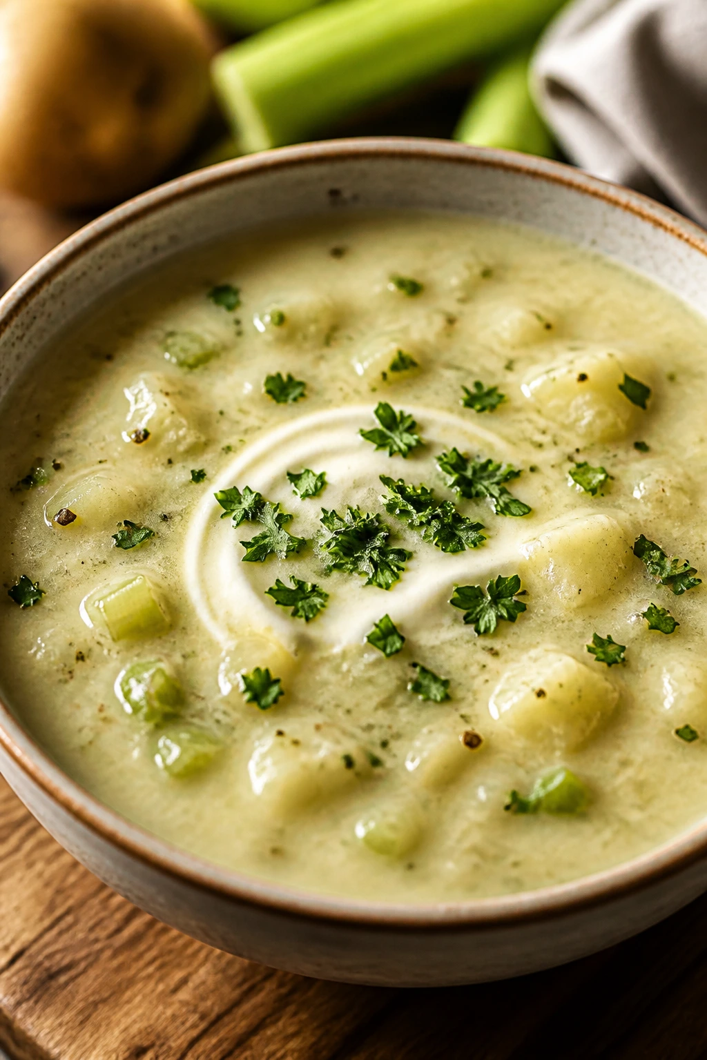 Creamy Celery and Potato Soup in a bowl with parsley