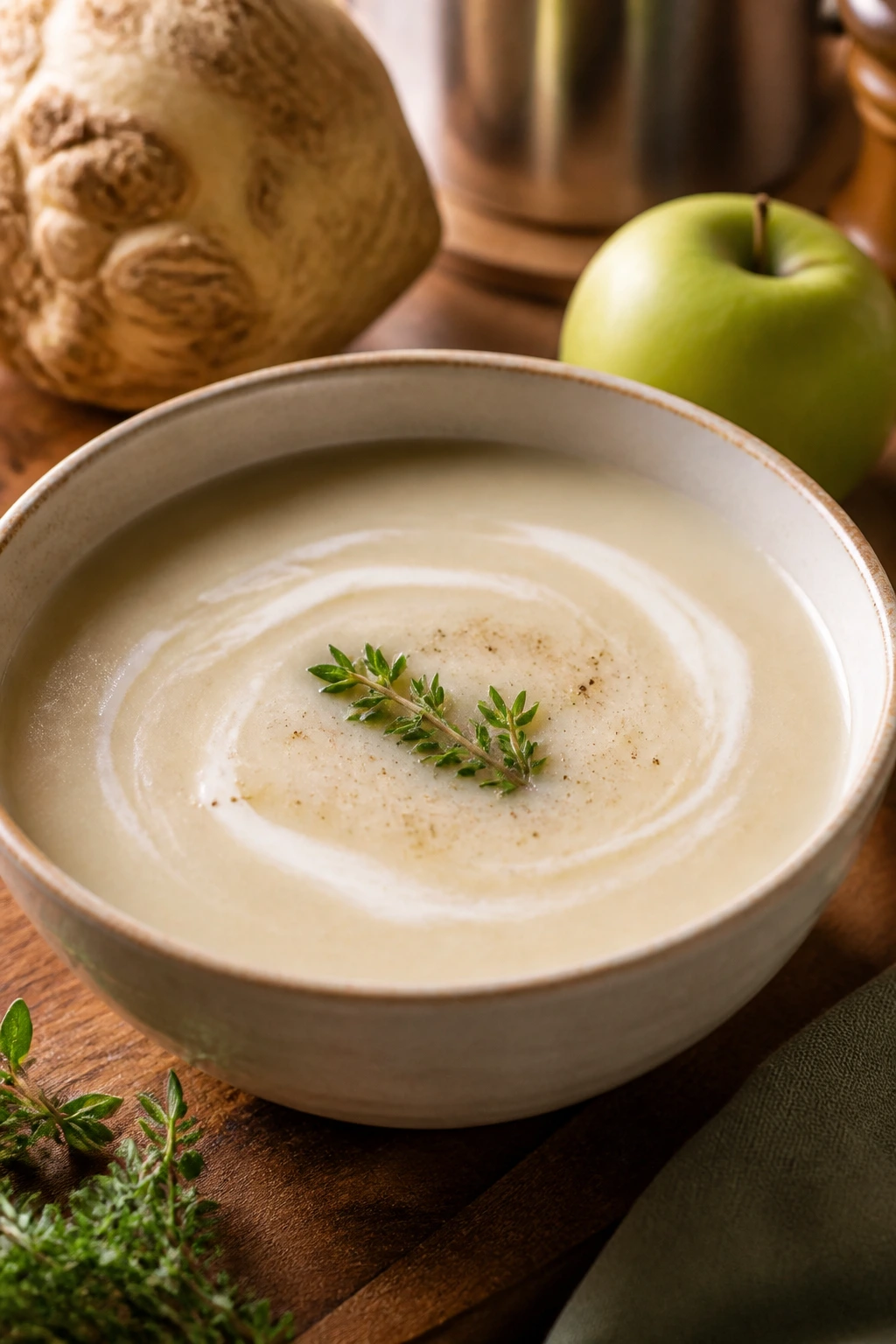 Creamy celery root and apple soup in a bowl with thyme garnish