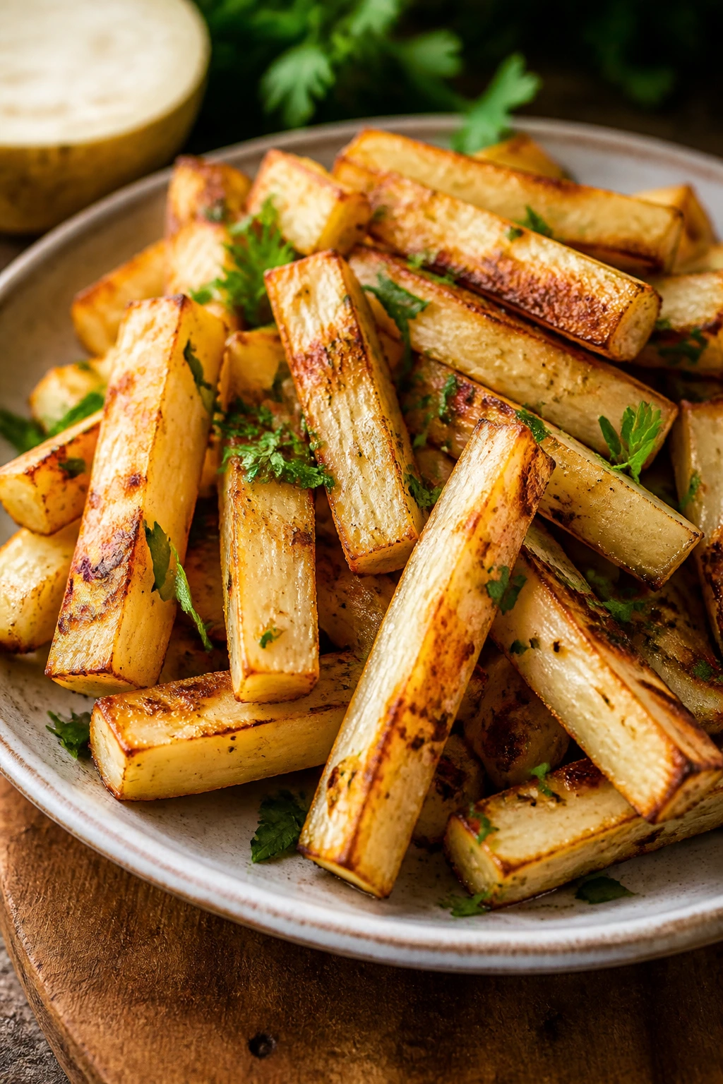 Close-up of celery root fries on a plate with parsley