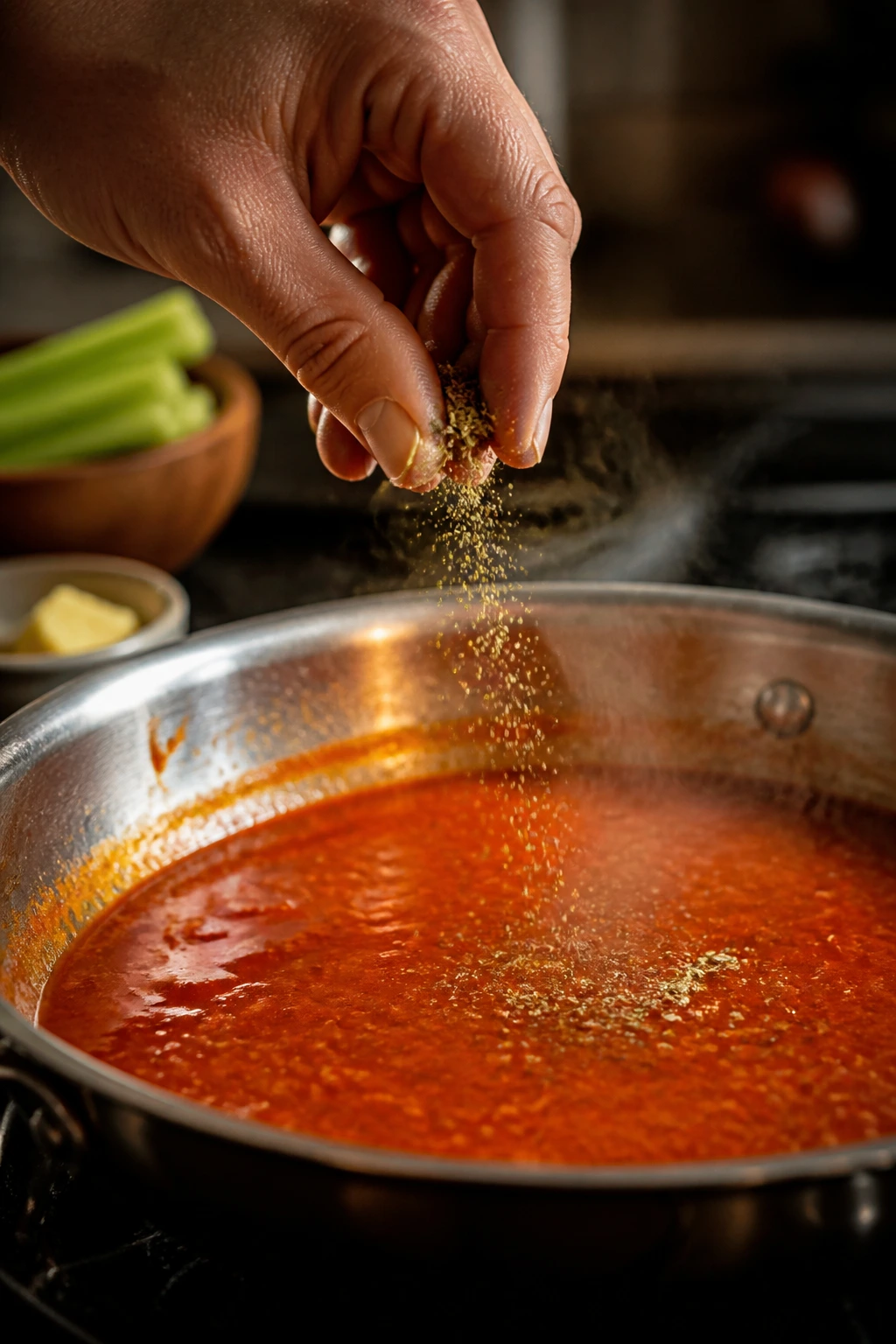 Hand sprinkling celery salt into buffalo sauce in a pan