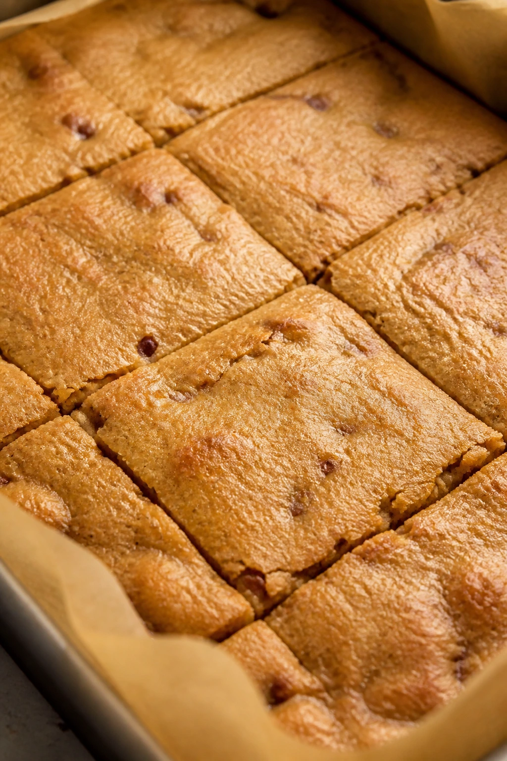 Close-up of baked date bars with a springy center in a pan