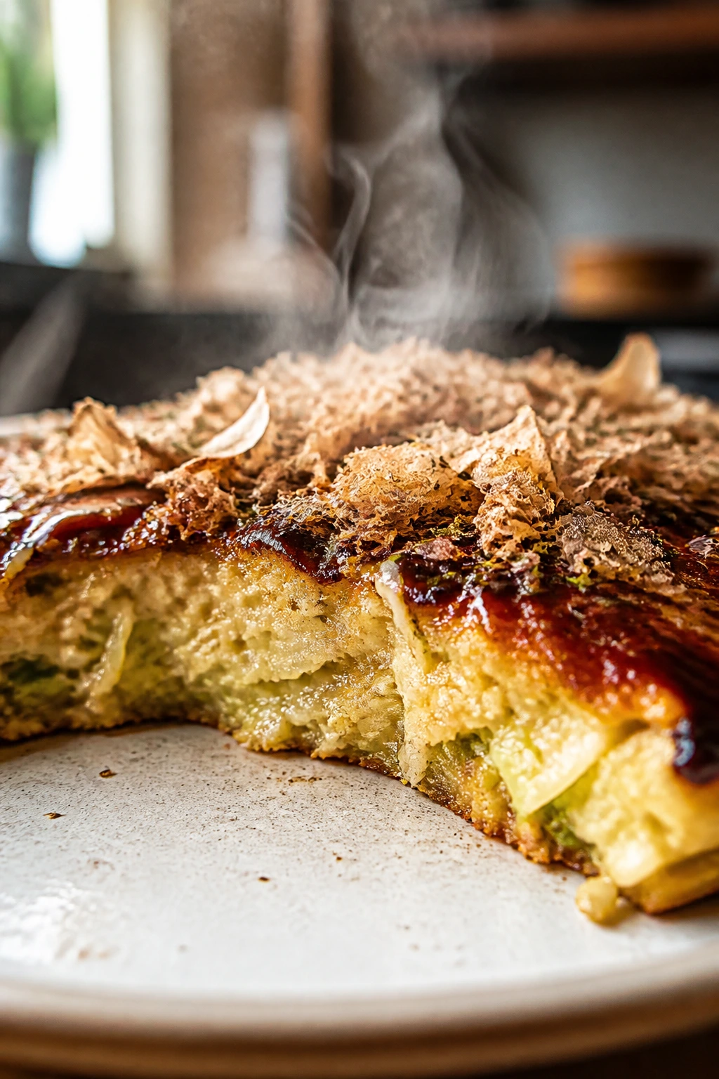 Cross-section of okonomiyaki pancake showing soft center and crisp edge