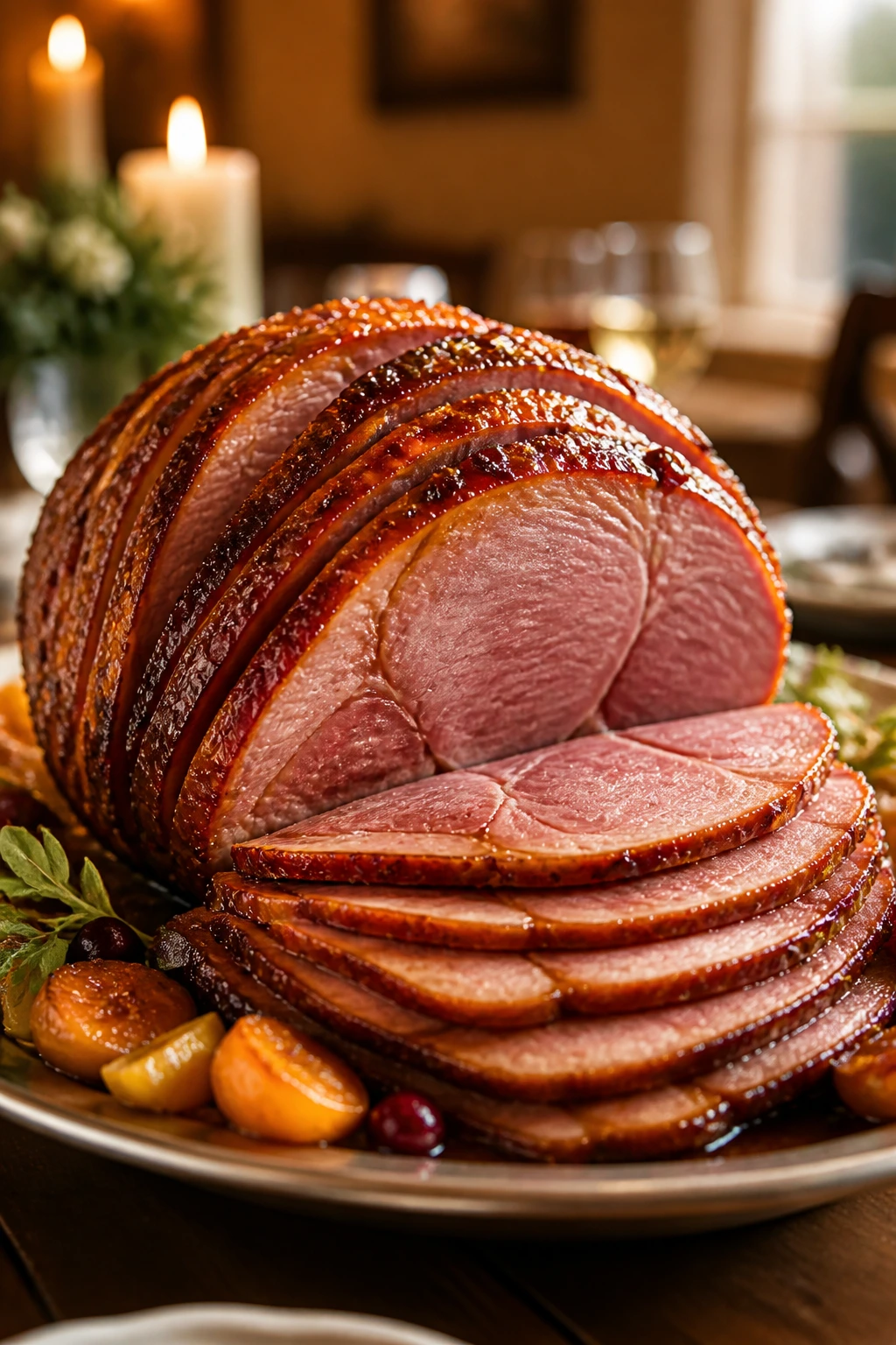 Glazed ham centered on serving platter in dining room
