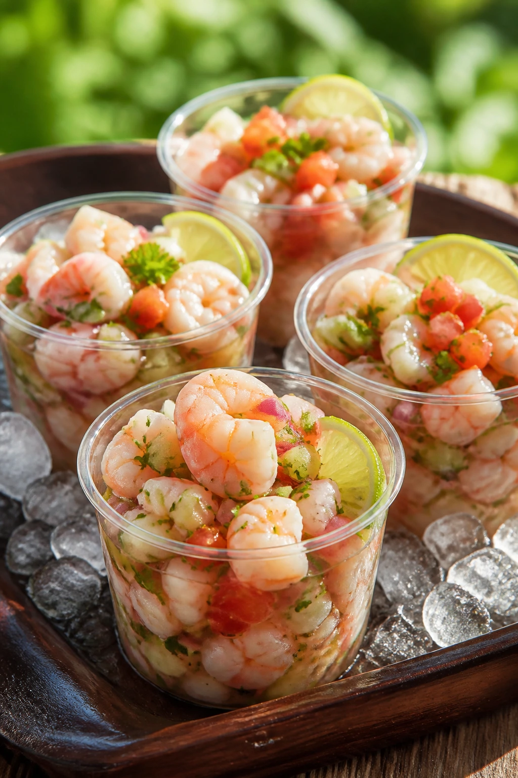 Shrimp ceviche cups in small clear cups on a wooden tray