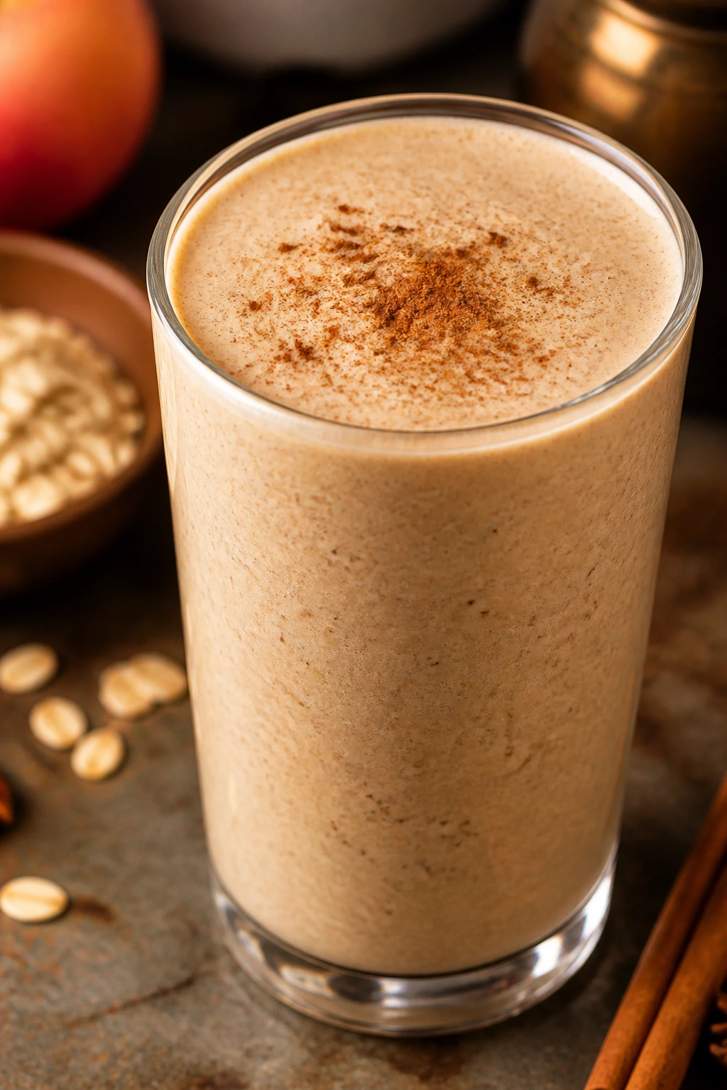 Chai apple oat smoothie in a glass with cinnamon on top