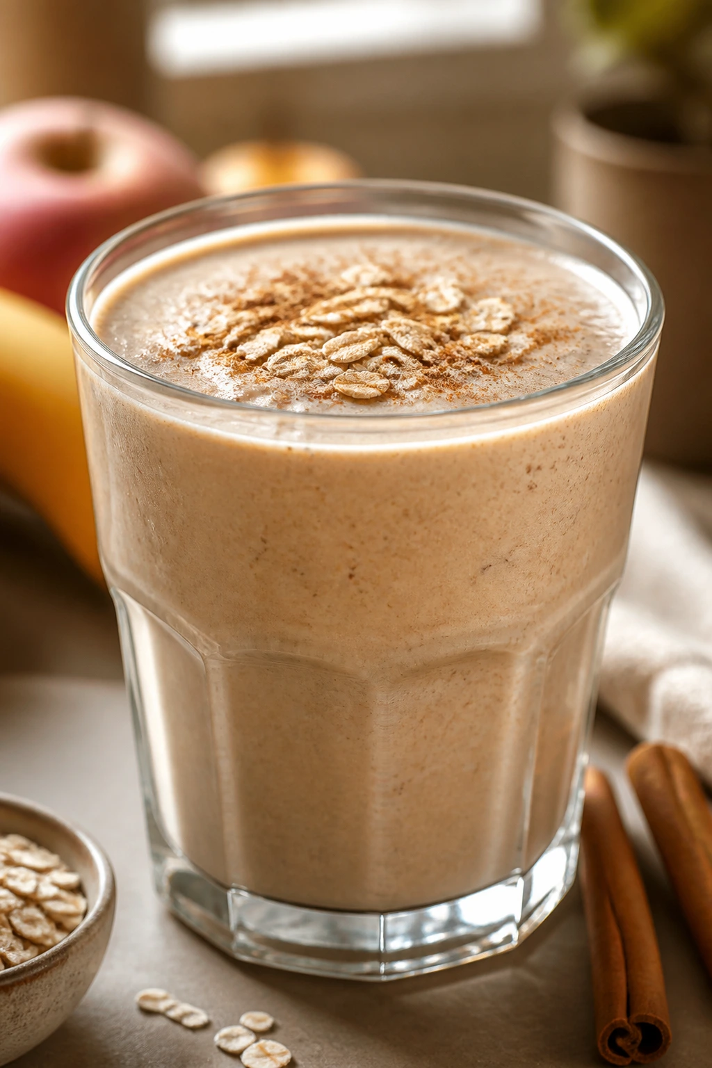 Creamy chai apple oat smoothie in a glass with oats on top on a warm kitchen counter.
