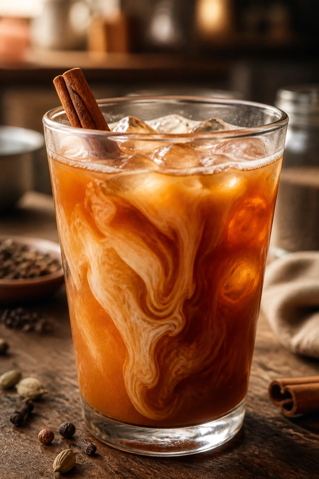Close-up glass of spiced chai iced tea with a cinnamon stick