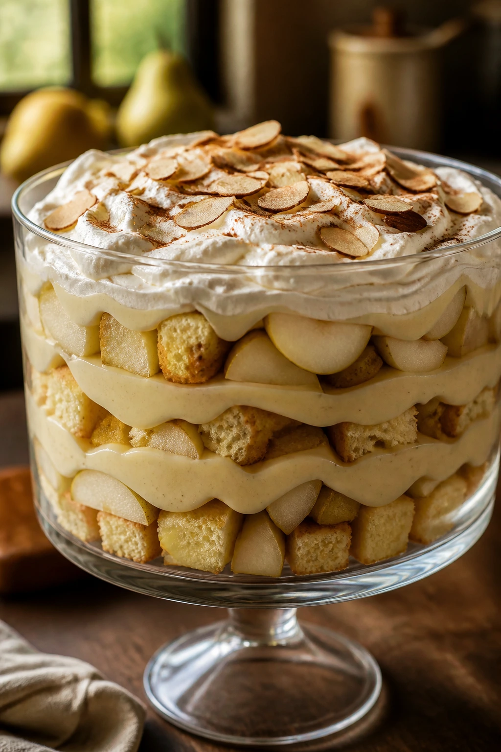 Close-up Chai Pear Trifle with pears and vanilla pudding in a glass bowl.