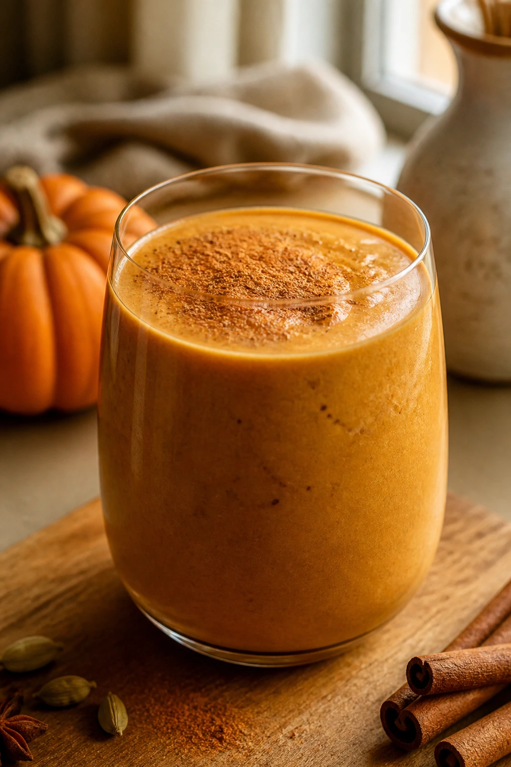 Pumpkin chai smoothie in glass with cinnamon on a kitchen counter