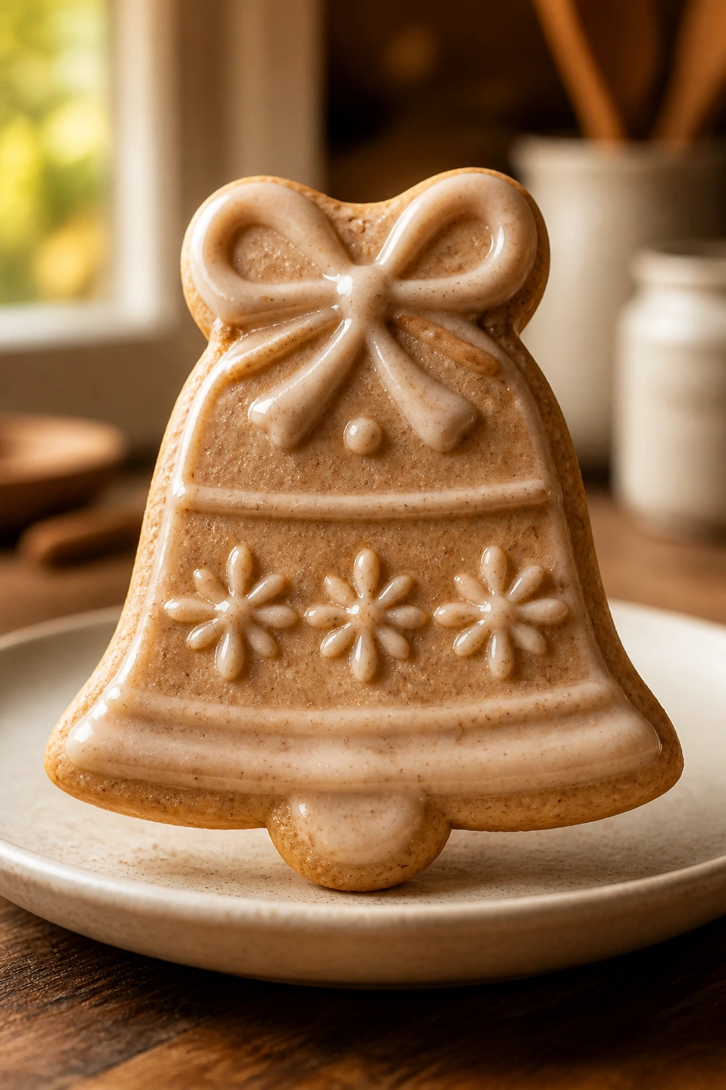 Close-up of a chai-spice bell-shaped cookie with light glaze