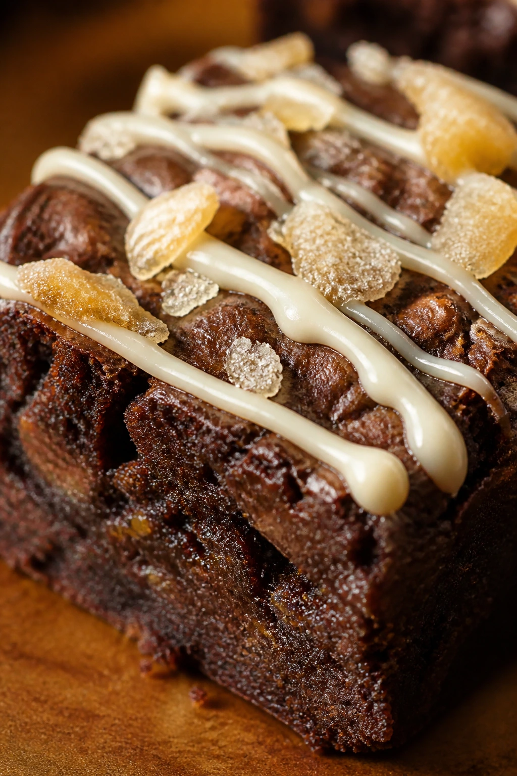 Close-up of chai-spiced brownie with white chocolate drizzle and candied ginger