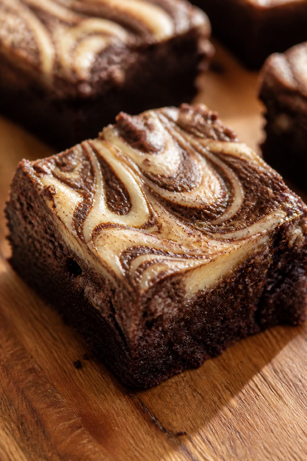Close-up of chai spice swirl brownie on wooden counter