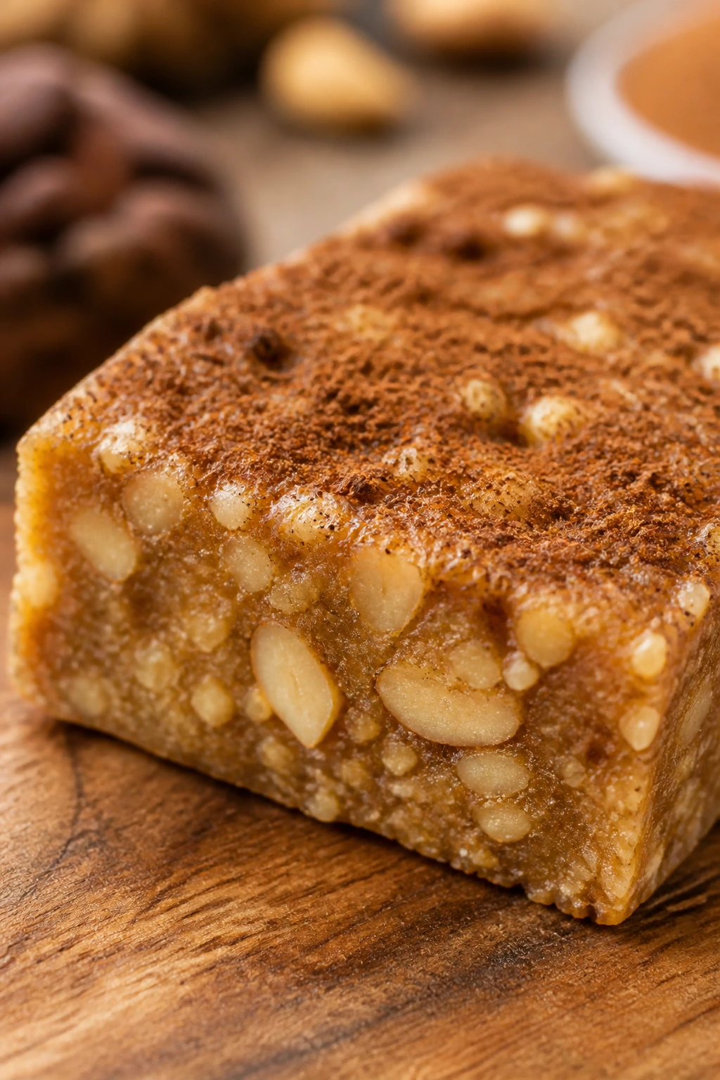 Close-up of chai spice cashew protein bar with cashews on a wooden surface