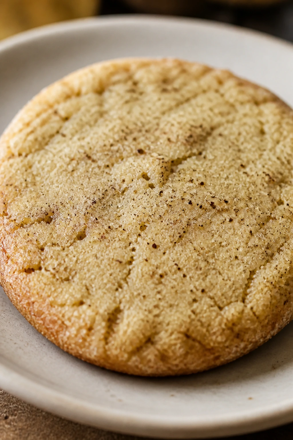 Single chai spiced sugar cookie on a plate with warm kitchen background