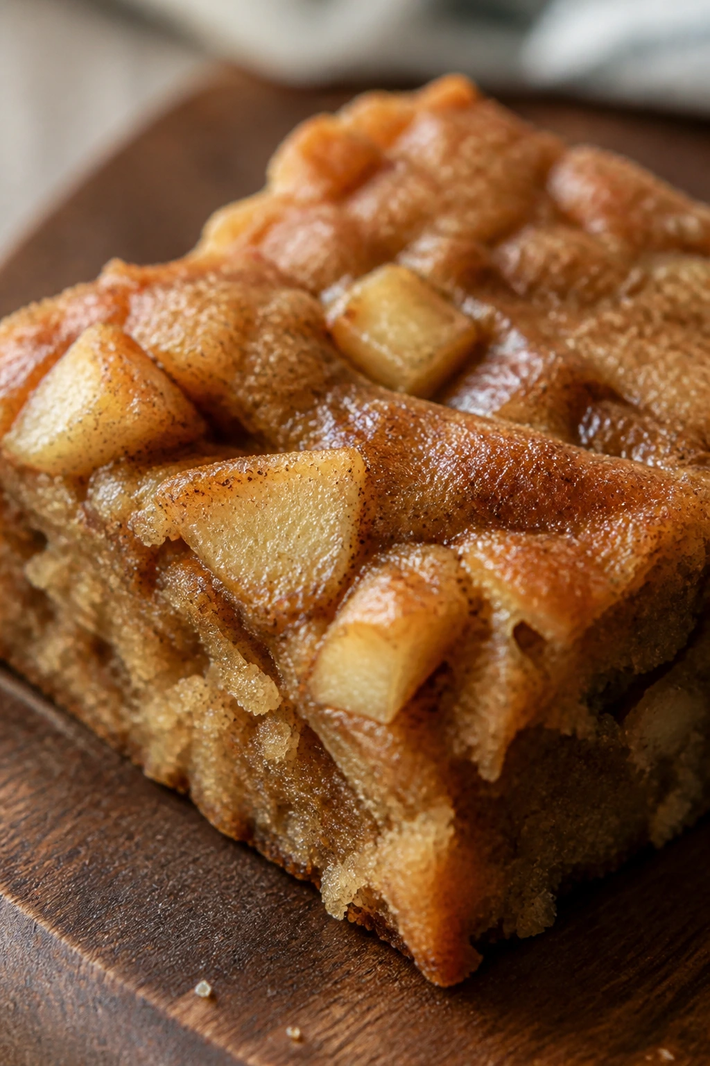 Close-up of a chai-spiced apple blondie square with apple pieces and spice flecks