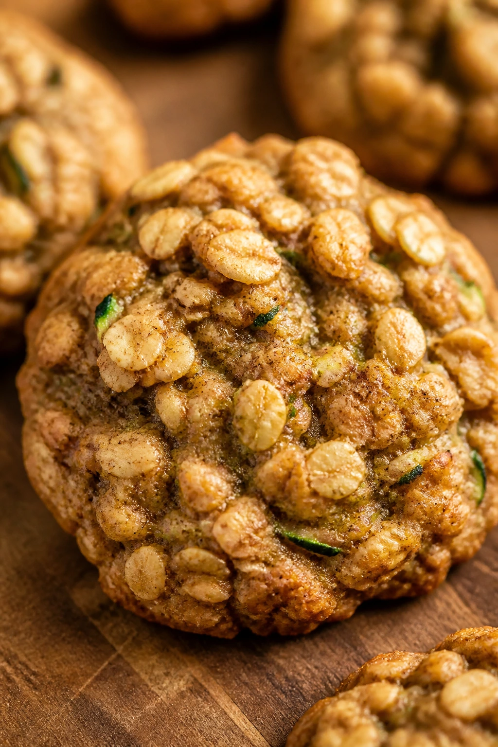 Close-up of a chai-spiced zucchini oatmeal cookie on a wooden counter