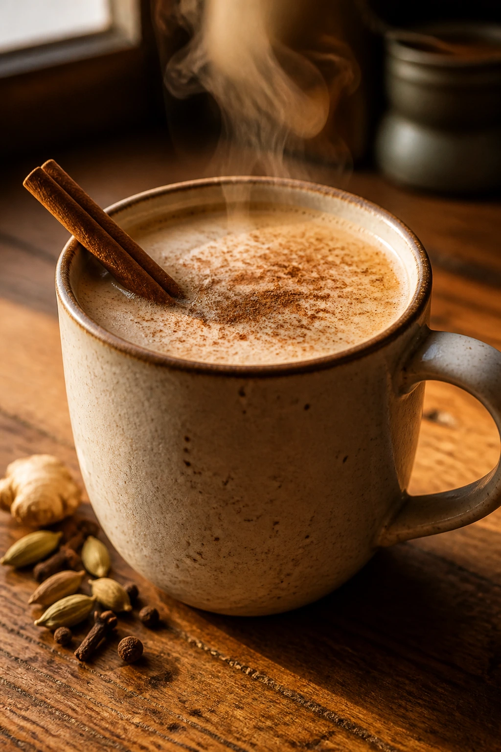 Warm chai tea latte with cinnamon stick and steam