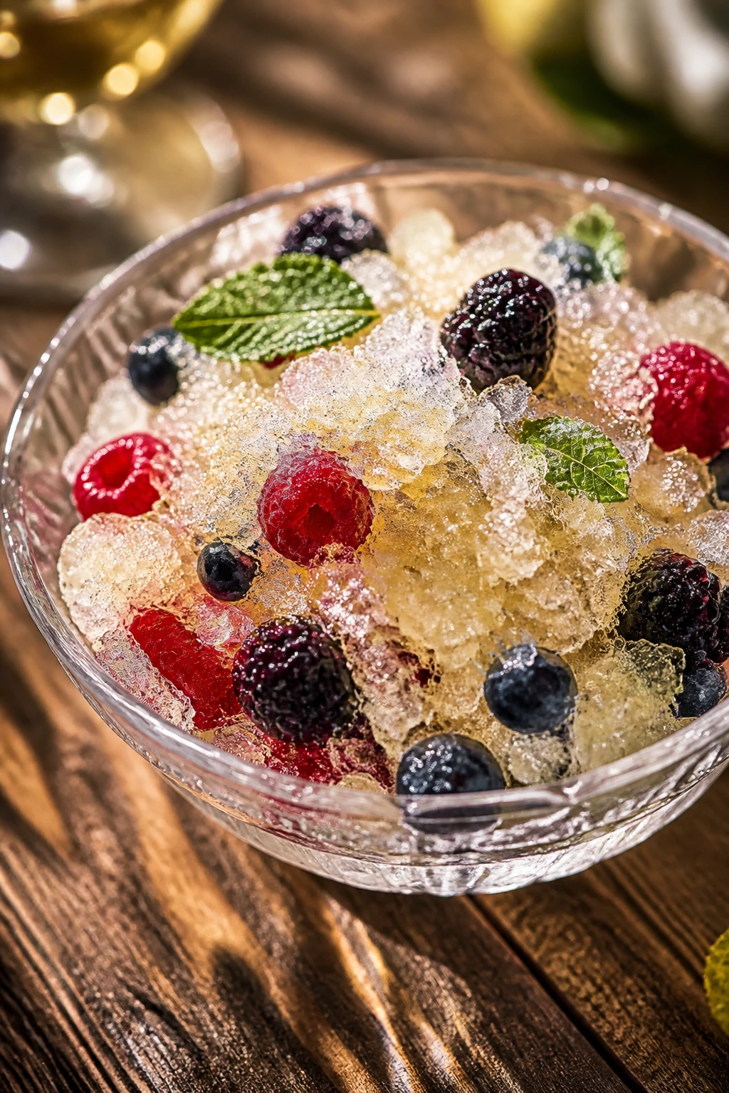 Close-up of Champagne Granita with Berries in a shallow dish, crystal light on icy flakes and bright berries