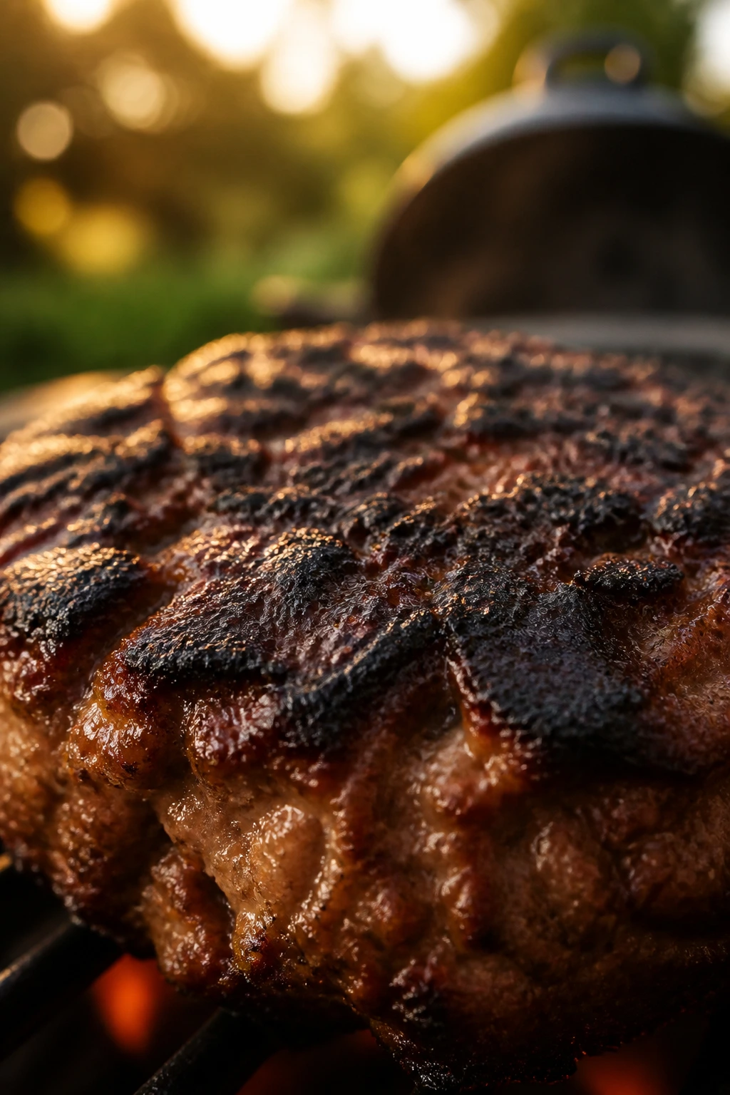Close-up of a charred burger patty crust on a grill in a backyard setting