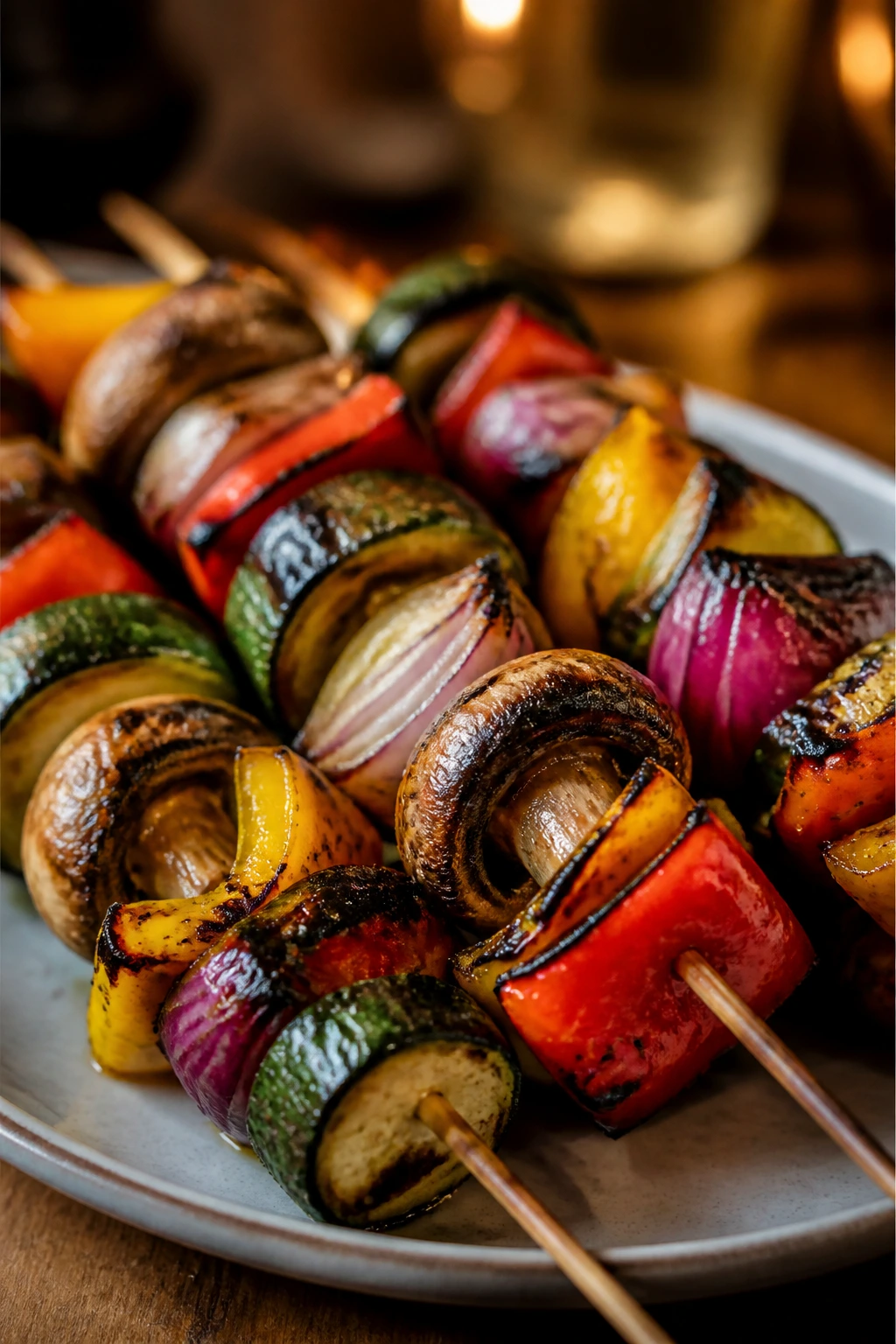 Plate of charred grilled vegetable skewers