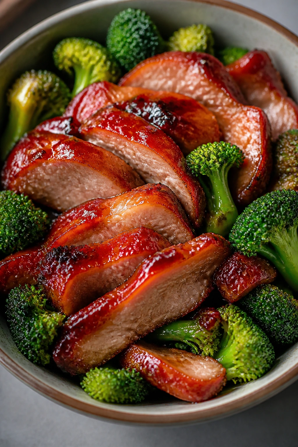 Char siu pork with broccoli in bowl